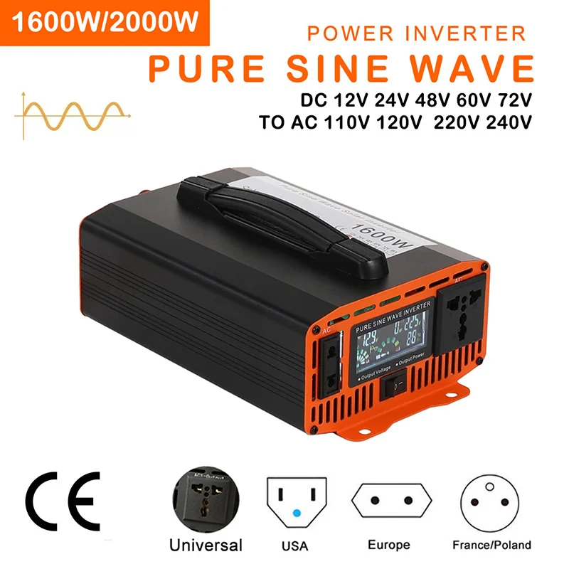 

Pure Sine Wave Car Inverter 1600W 2000W Transformer Power Inverter 12V 24V 48V 60V 72V to AC 110V 220V 50hz 60hz Car Converter