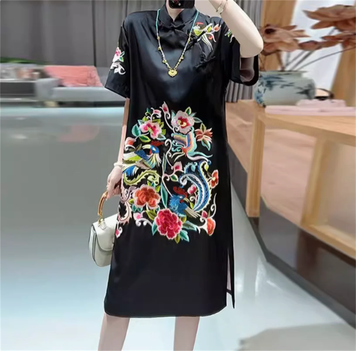 Vestido bordado de vinagre negro avanzado para mujer, falda qipao mejorada, temperamento, nuevo estilo chino