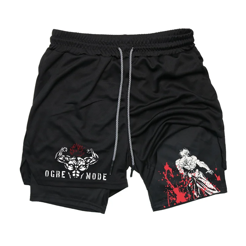 Anime Baki 2 in 1 Kompression shorts für Männer Sport Performance Gym Shorts mit Taschen schnell trocknen dehnbare Workout Fitness