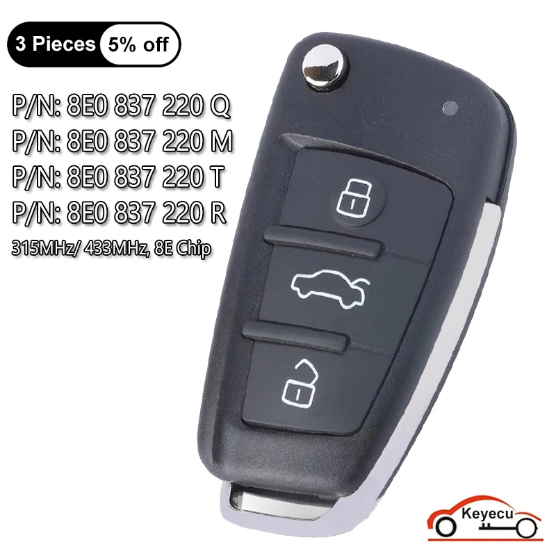 

KEYECU 3 Buttons 315MHz 433MHz 8E Chip for Audi A6L Q7 Flip Folding Remote Control Car Key Fob 8E0 837 220 Q / M / T / R / AF