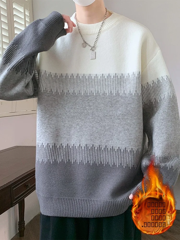 

Мужской вязаный свитер Laid-ba с круглым вырезом, на флисовой подкладке, теплый, зимний, повседневный, комфортный, с длинными рукавами