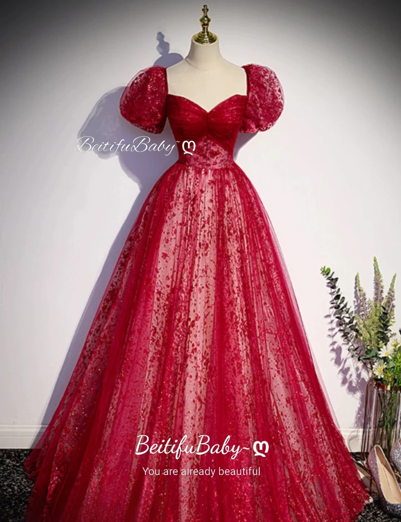 

BeitifuBaby Simple Style Women's Evening Dress Short-sleeved Organza V-neck A-line Ball Gown Party Dresses for Women Vestidos