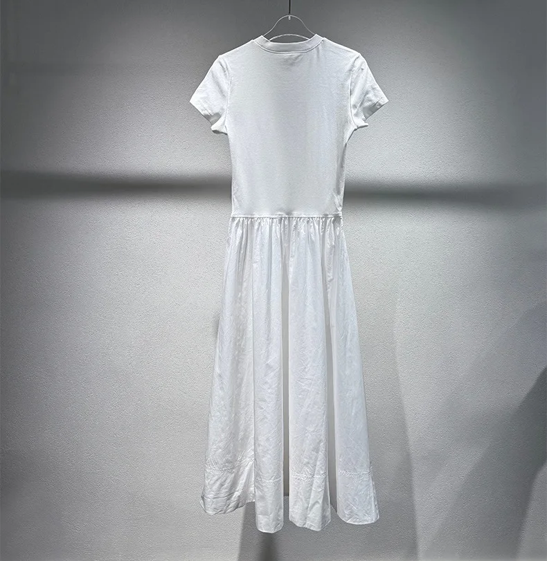 คุณภาพสูงใหม่เสื้อยืดยาวชุด 2025 ฤดูร้อน Lady กระเป๋า Patchwork ความยาวกลางลูกวัวสบายๆสีขาวสีน้ําเงินเข้มชุดผ้าฝ้าย