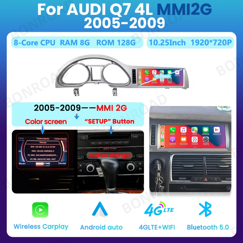 BONROAD 10.25 "Autoradiospeler Draadloze CarPlay Android Auto Multimedia Touchscreen Voor Audi Q7 4L 2005-2015 GPS Bluetooth 5.0