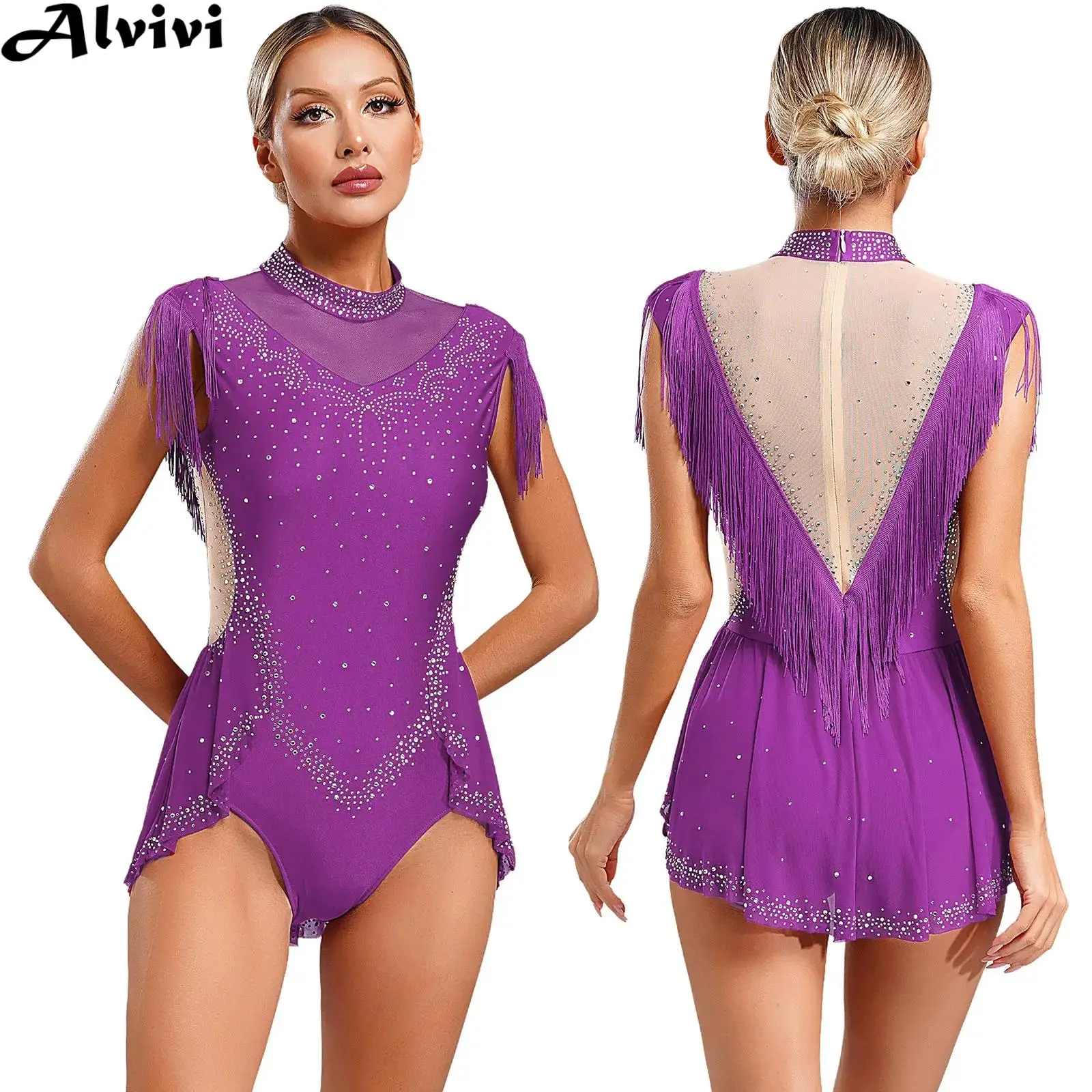 Women Ballet Gymnastics Leotard Figure Skating Lyrical Latin Dance Dress Sleeveless Rhinestones Mesh Tassel Bodysuit Dancewear