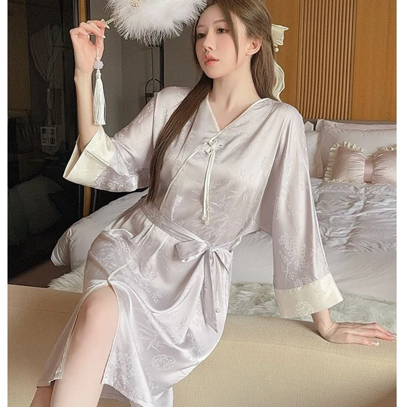 

2025 Summer Chinese Style Short Sleeve Silk Satin Print Nightgowns for Women Cute Sleepwear Night Dress Nightdress Home Nighty