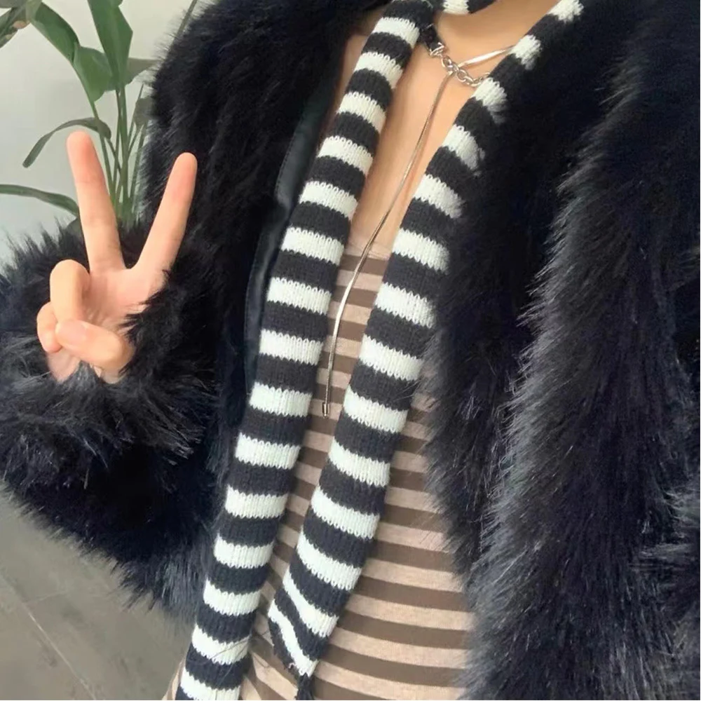 Y2K Punk Harajuku Style Black And White Striped Scarf Street Concave Knitted Slim Narrow Ribbon Casual Neckerchief Cool Scarf