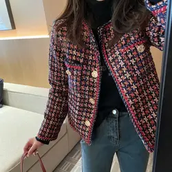 Veste en tweed à carreaux frangés pour femmes, manteau court à col rond, devant ouvert élégant, nouvelle mode