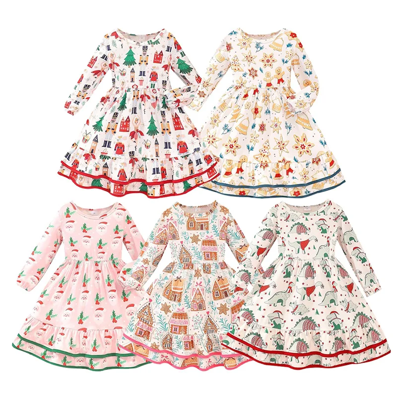Little Hand Toddler Girl Christmas Dress Little Kid Long Sleeve Dinosaur Santa Swing Ruffle Casual Dress Xmas Clothes 2-7 Year