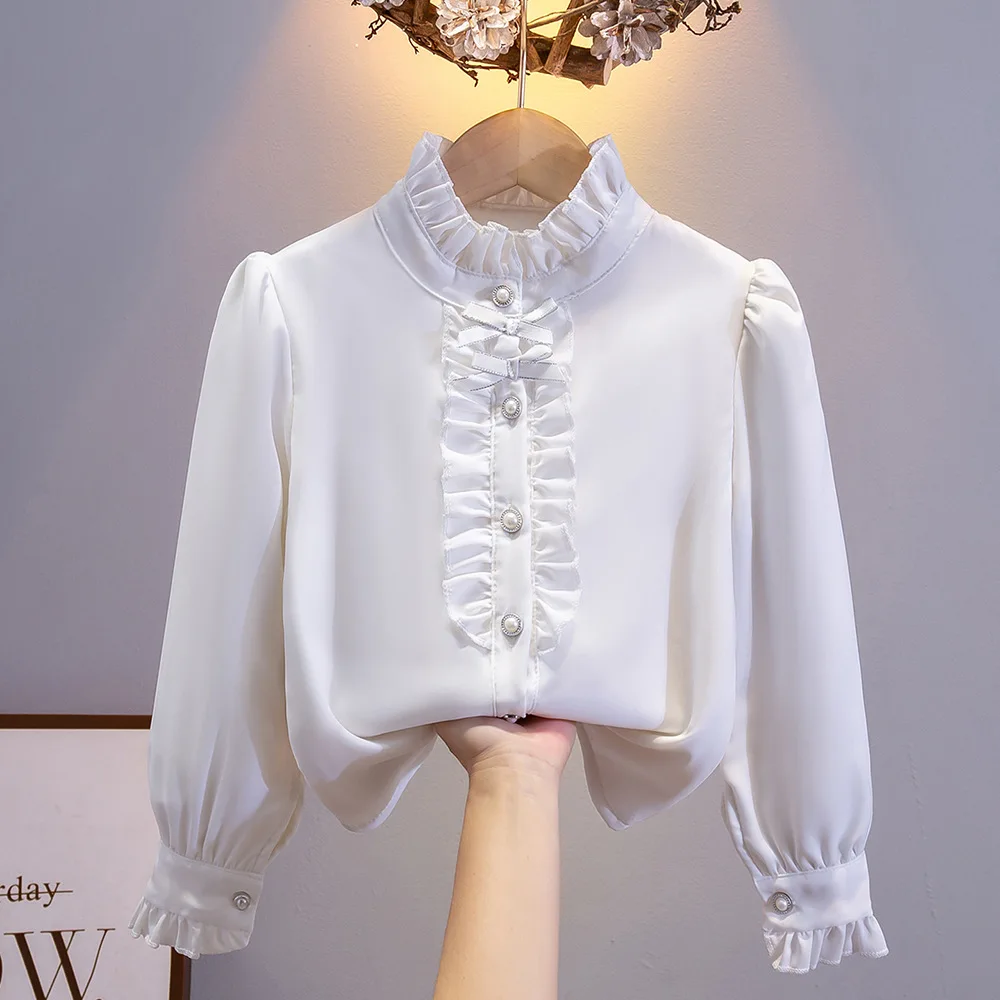 

Childrens Pure Cotton White Shirt with Lace Collar Long Sleeved Spring and Autumn Style Girls Student Performance Uniform