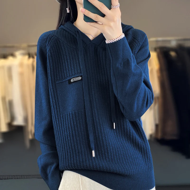 Autumn And Winter New Cashmere Hooded Women Solid Color Sweater Loose Hoodie Knitted Cashmere Sweater