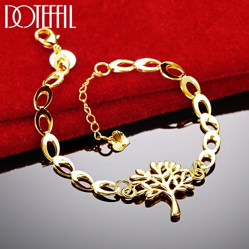 DOTEFFIL 925 Sterling Silver 24K Gold Tree Heart Chain Bracelet For Women Fashion Charm Wedding Engagement Party Jewelry