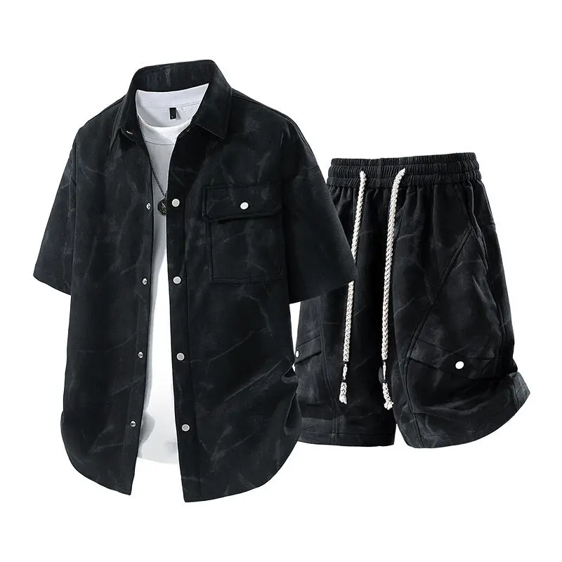 

2025 summer casual all-in-one fashion shirt short-sleeved shorts two-piece men's lightweight soft breathable comfortable suit