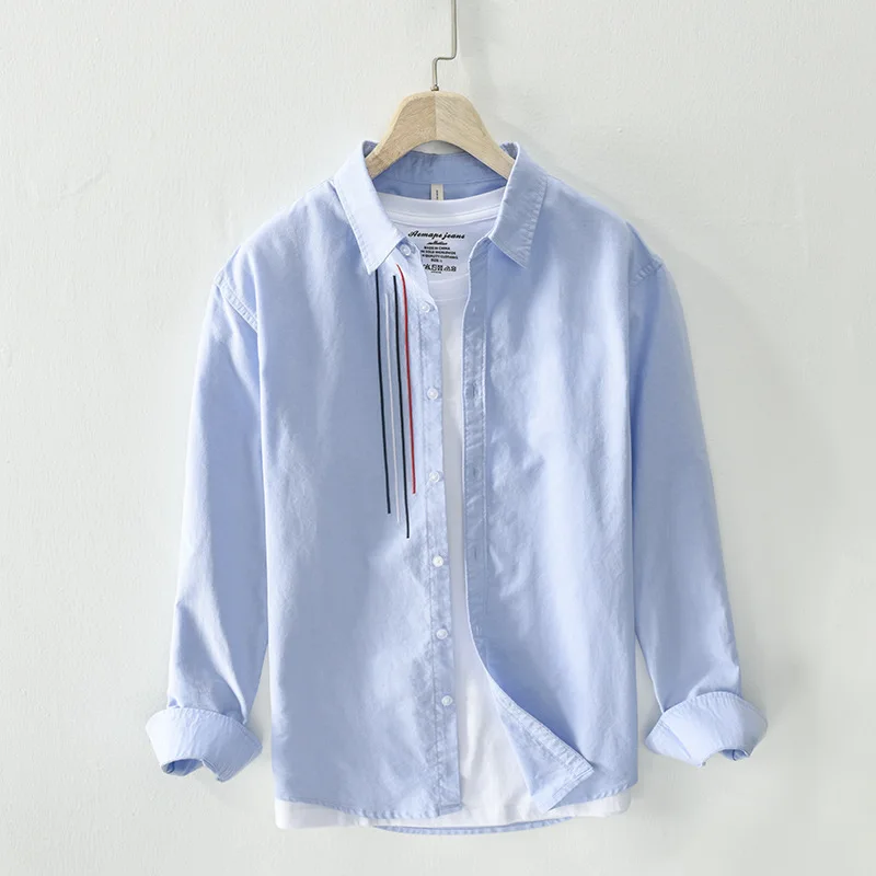 

Мужская повседневная рубашка из чистого хлопка с длинным рукавом и воротником, весенняя модная модель из ткани оксфорд, мягкая, блестящая, свободного кроя, молодежная, весенняя.