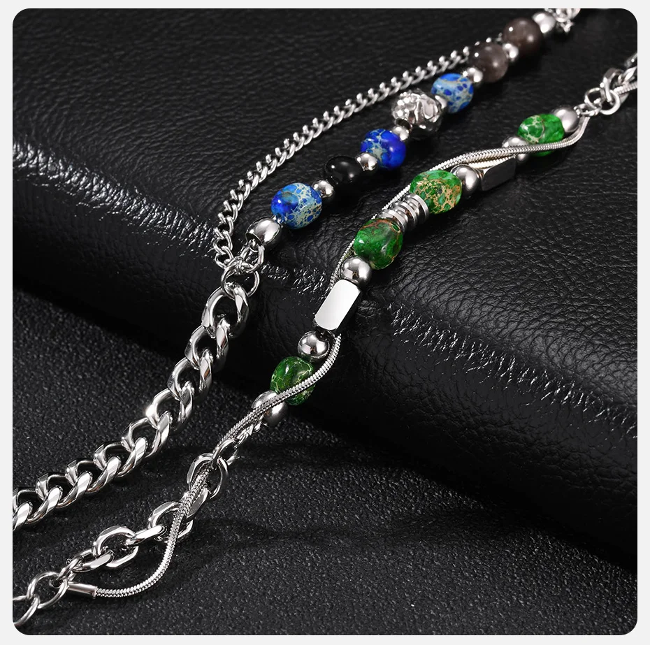 Vnox Herren-Doppelschicht-Armband, Edelstahl Kubanisches Türkis-Perlenarmband, Verstellbarer Schmuck für Männer, für den täglichen Gebrauch und Partys. – Detail 5