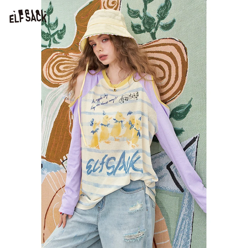 ELFSACK 2025 Summer New Arrival luźna koszulka bez ramiączek z długim rękawem w kontrastowym kolorze