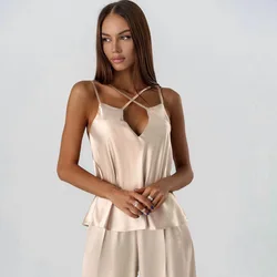 Sexy Women's  Pajamas 2 Piece Sets Spaghetti Strap V Neck Nightwear Female Casual Trouser Suits Loose Sleepwear Summer 2023