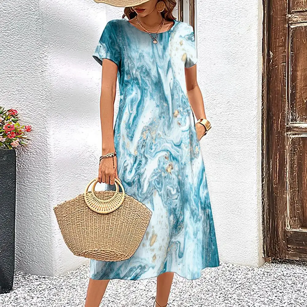 2024 Fashion Dress With Ink Painting Women's Summer Dresses Solid Color Elegant Dress Round Neck Short Sleeved Knee Length Skirt