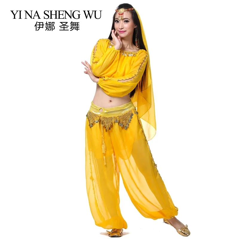 Bollywood-Kostüme, indischer Tanz, Performance-Kostüme, Bauchtanz-Set für Damen, Chiffon-Kleidung, 2 Stück/4 Stück, kurze/lange Ärmel-Sets