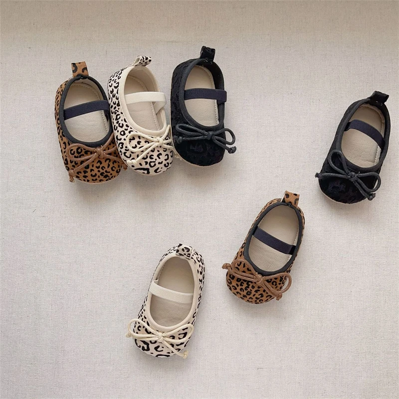 

Spring Autumn Baby Girls Walking Shoes Leopard Print Newborn Infant Casual Shoes Soft Soled Toddler Kids Bow Princess Shoes