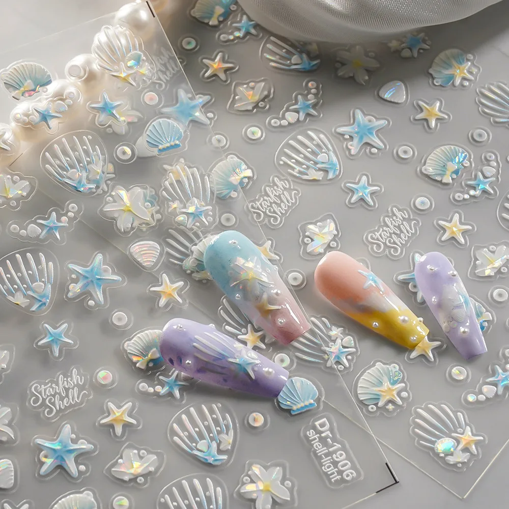 Shell Conch Starfish jellyfish Fish Water Bubbles Ocean Self Adhesive Press On Nail Art Stickers Decorations Manicure Decals