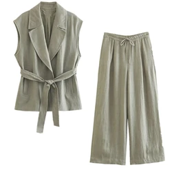 Maxdutti French Country Style Ladies Sets Gray Green Retro Sleeveless Suit Vest Loose Casual Wide Leg Pants Women's Suit Fashion