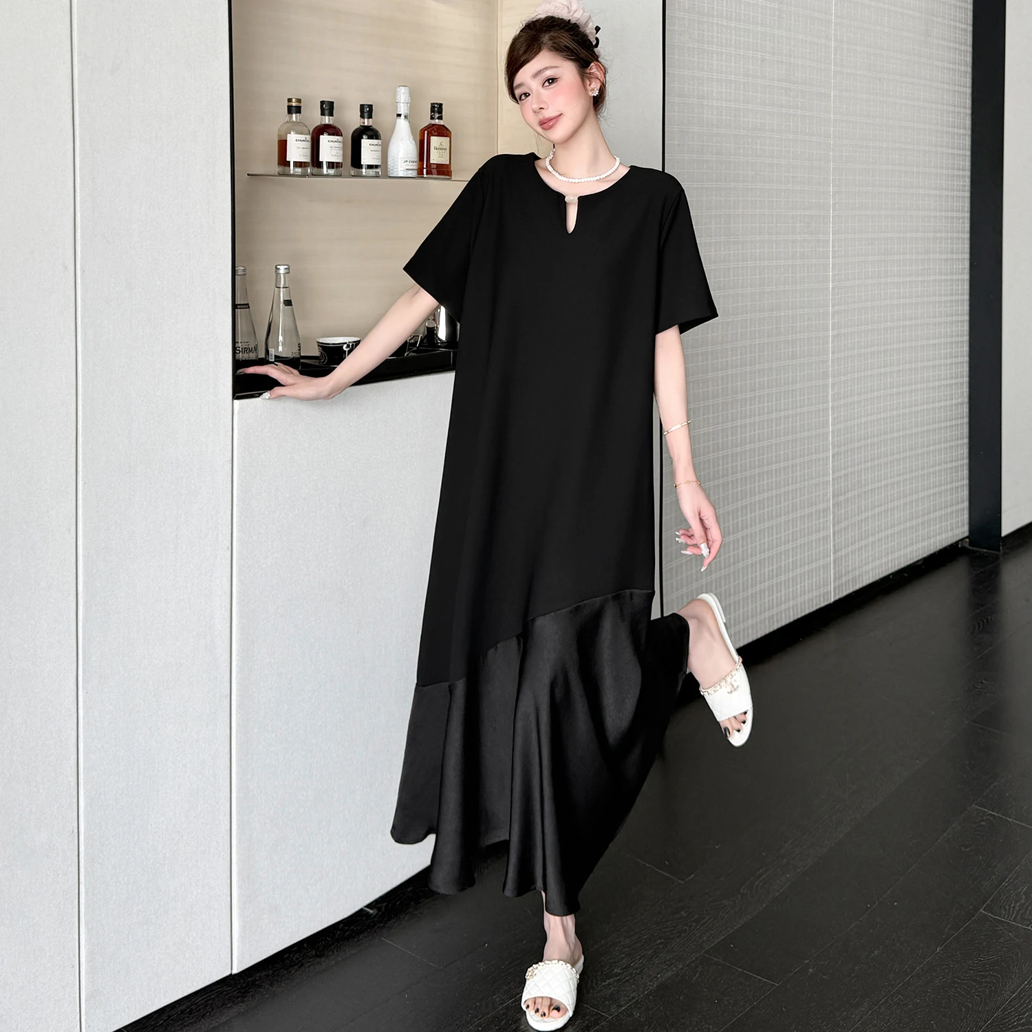 

New 2026 Summer Large Size Hepburn Style Splice Fish Tail Dress Commute Slimming Black Dress Fashionable Women's Clothing
