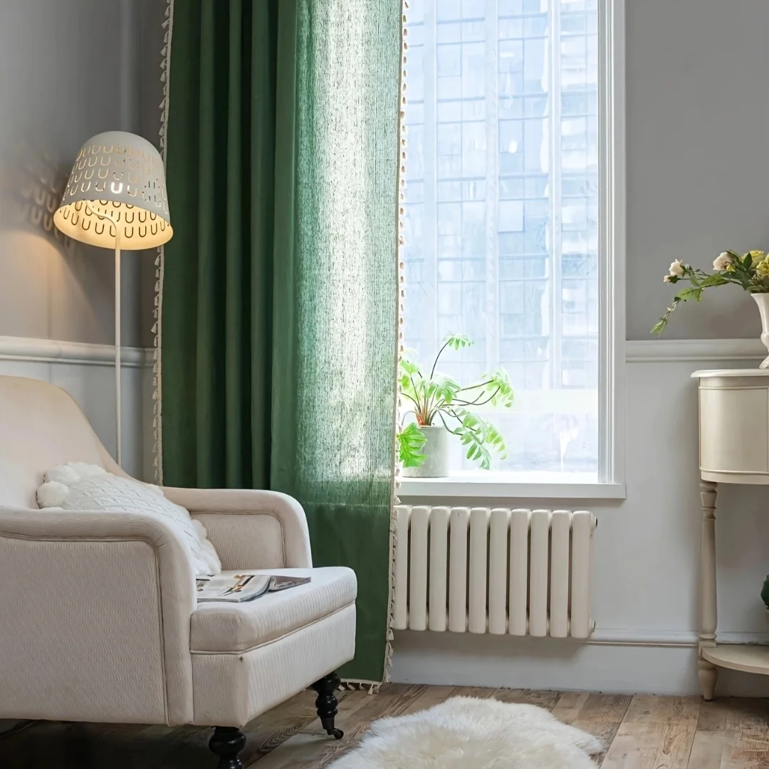 1 panel with 100% full shading green curtains, bohemian style tassel rod pocket curtains suitable for living rooms and bedrooms