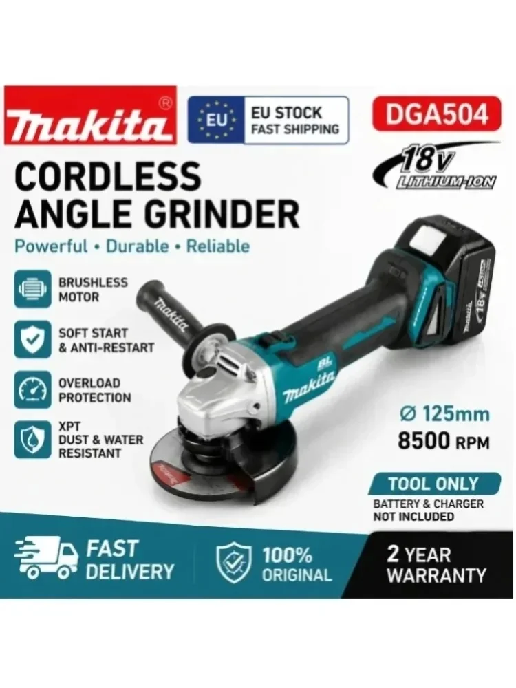 Oryginalna szlifierka kątowa akumulatorowa Makita DGA504 18V bezszczotkowa 125mm LXT (tylko korpuz) narzędzie elektryczne Magazyn lokalny UE Szybka wysyłka Kompatybilna z akumulatorami Makita BL1830 — 2