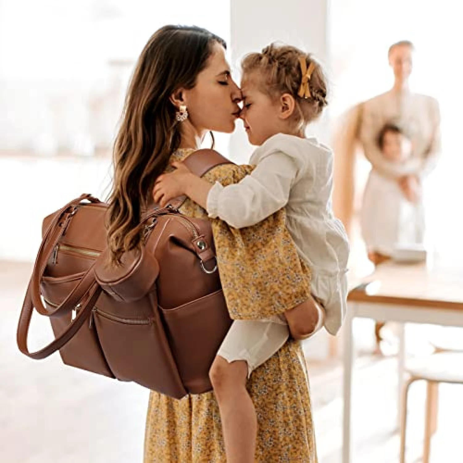 Leather Diaper Bag Tote Backpack for Mommy Dad Baby Nappy Organizer with Changing Station Stroller Straps Pacifier Case Boy Girl