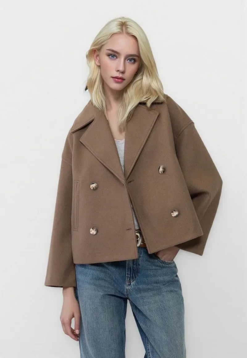 Lässige Kurze Wollmischmantel für Damen, Locker Geschnittene Jacken mit Revers, Doppelreihig, mit Taschen, Langen Ärmeln, Herbst-Winter 2026, Einfarbiger Damenmantel – Detail 4