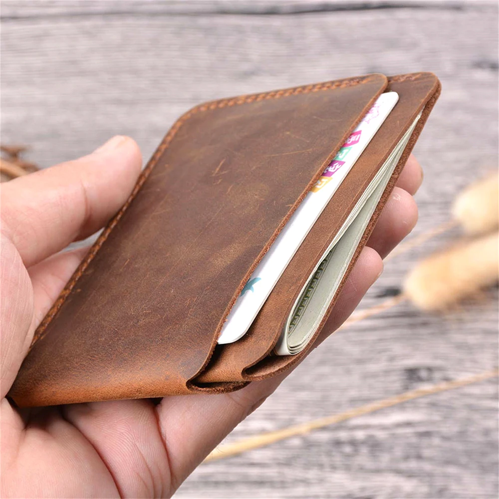 AIGUONIU محفظة بطاقات من الجلد الطبيعي المحبب بالكامل طراز عتيق محافظ جيب أمامية من Crazy Horse لبطاقات الائتمان