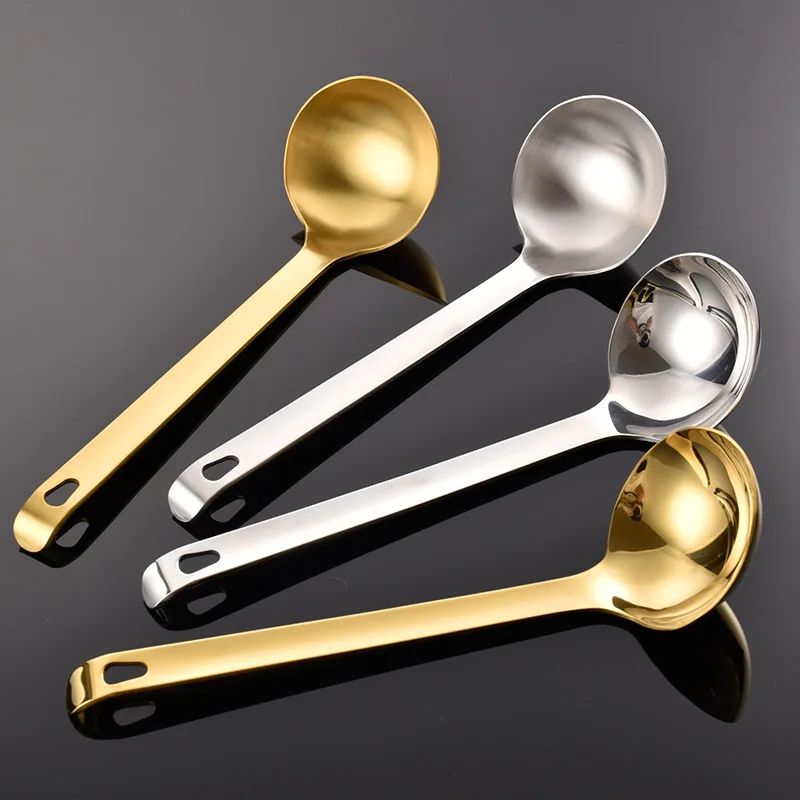 Golden Round Large Serving Spoon Stainless Steel Ramen Soup  Ladle Hot Pot Noodles Scoop Kitchen Long Handle Cooking Tablespoons