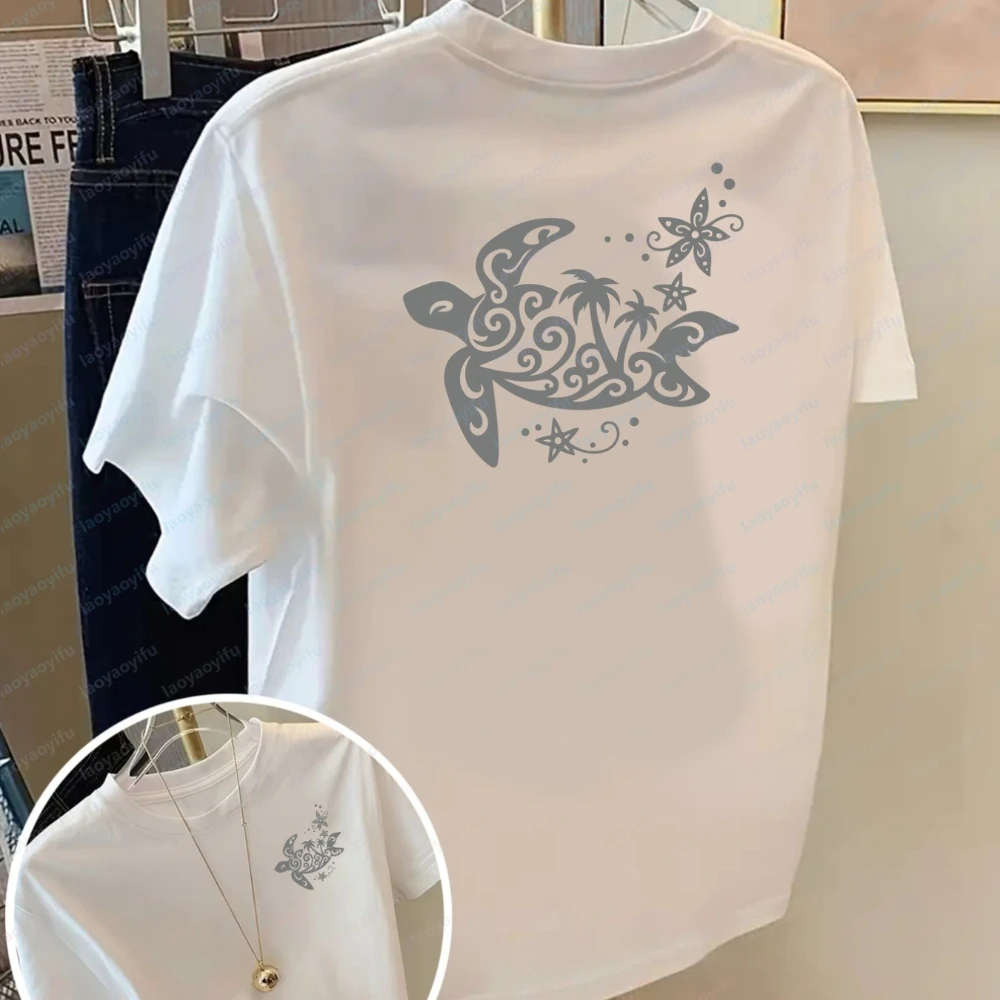 Short Sleeve Cotton T-shirt with Front and Back Print Sea Turtle Ocean Life Spring/summer Trends for Women Your Best Choice!