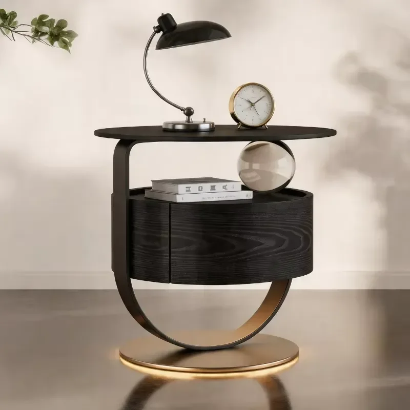 Modern Round Bedside Table Solid Wood Smart Locker with Light Bedroom Nightstands and Side Tables Chest of Drawers Furniture