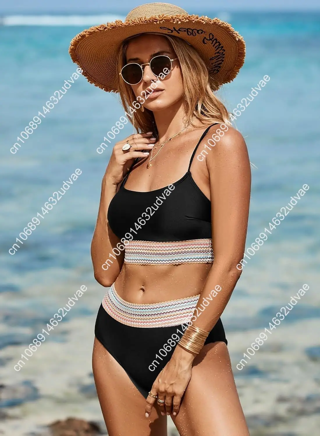 Set bikini da donna Colorblock Trim Costume da bagno 2 pezzi a vita alta con scollo rotondo e spalline regolabili