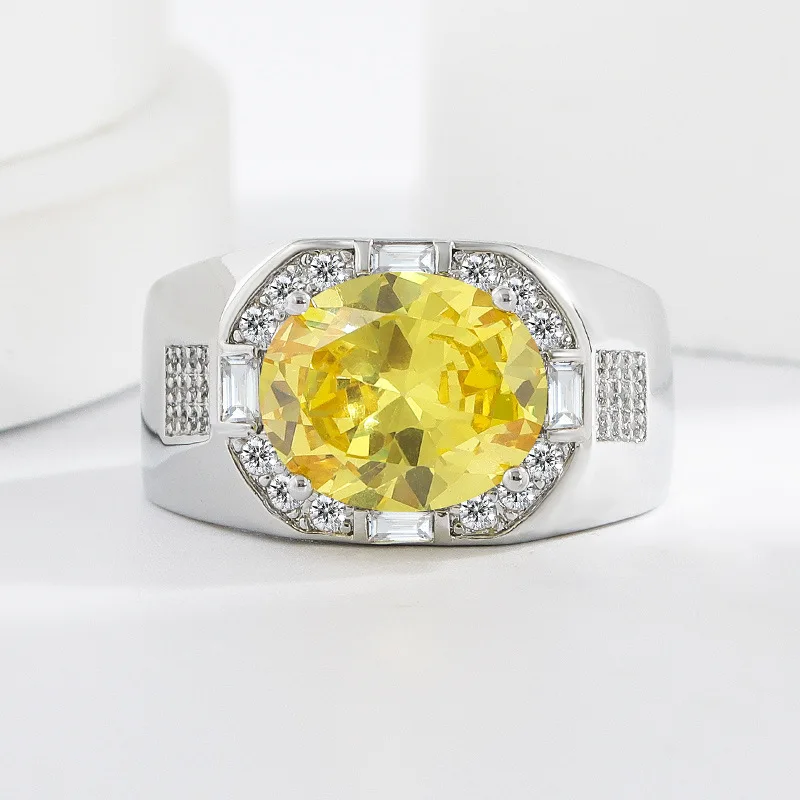 Simple and Stylish 925 Sterling Silver Citrine Zircon Personalized Men's Commuter Banquet Business Ring