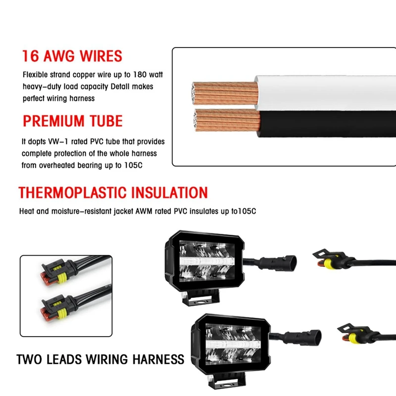 16 AWG LED Light Bar Wiring Harness Kit - 2 Leads 12V On Off Switch Power Relay Fuse For Off Road Lights Work Light