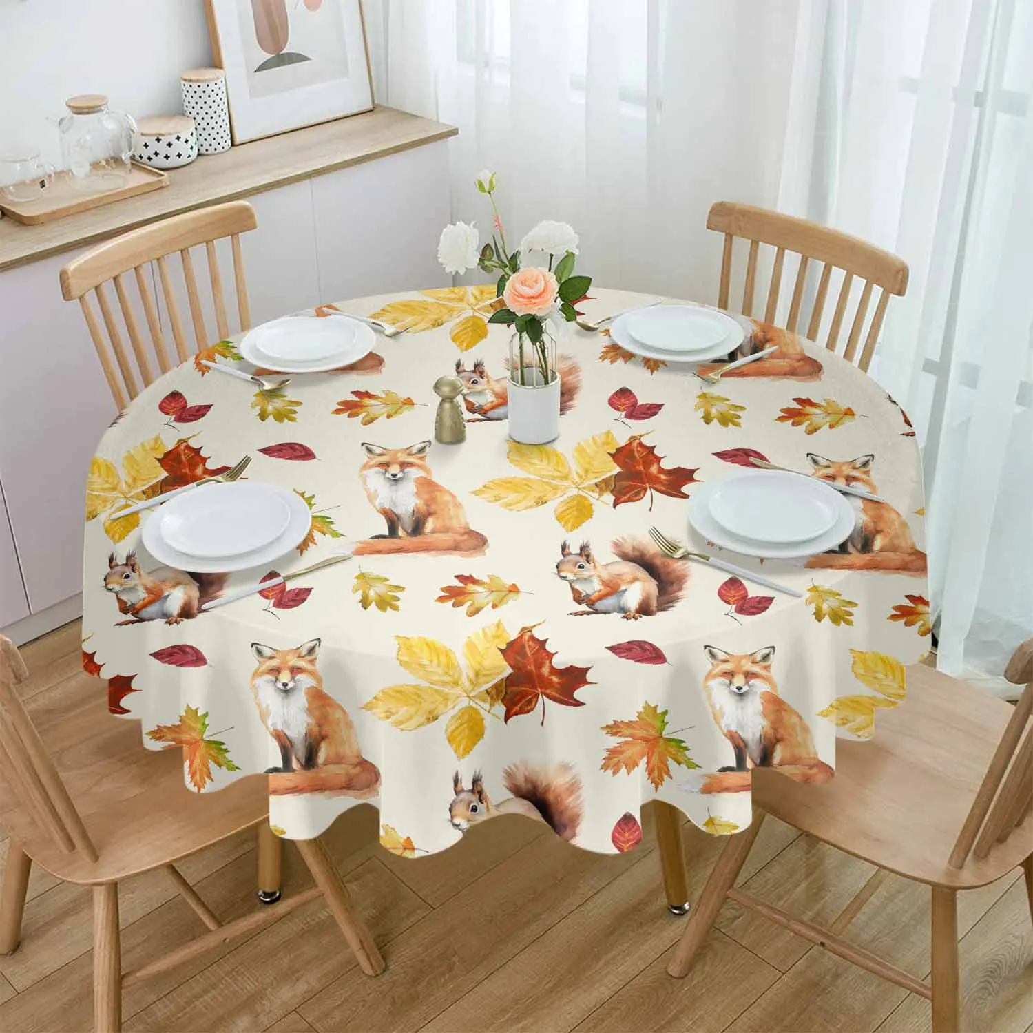 Autumn Plants Squirrel Fox Round Table Cloth Festival Dining Tablecloth Waterproof Table Cover for Wedding Party Decor