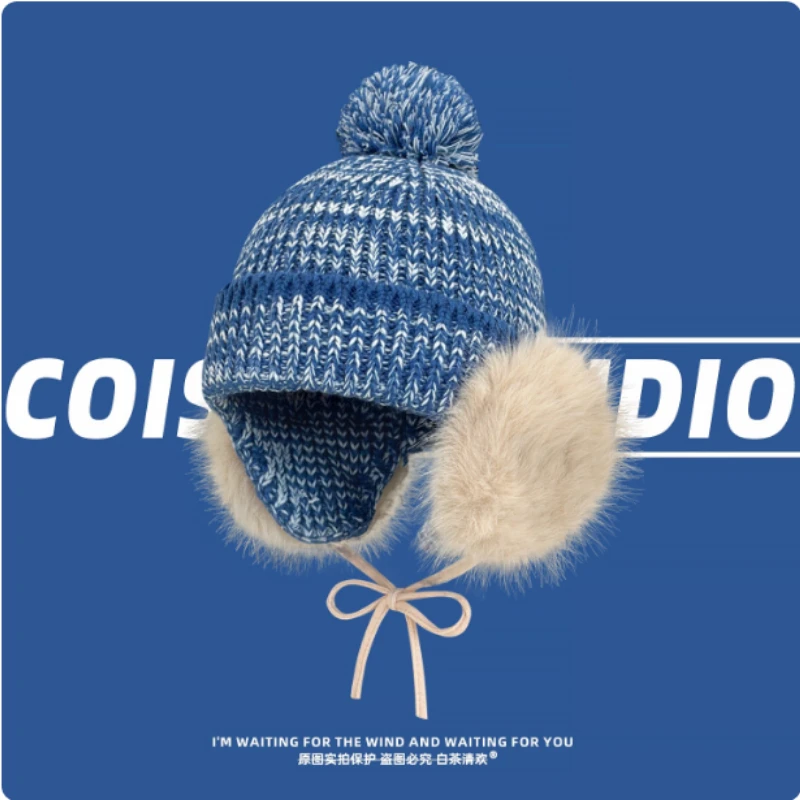 

Корейская разноцветная вязаная шапка, осенне-зимняя уличная модная теплая шнуровка, защита ушей, чашки для ушей, лыжные шапки-бини для женщин