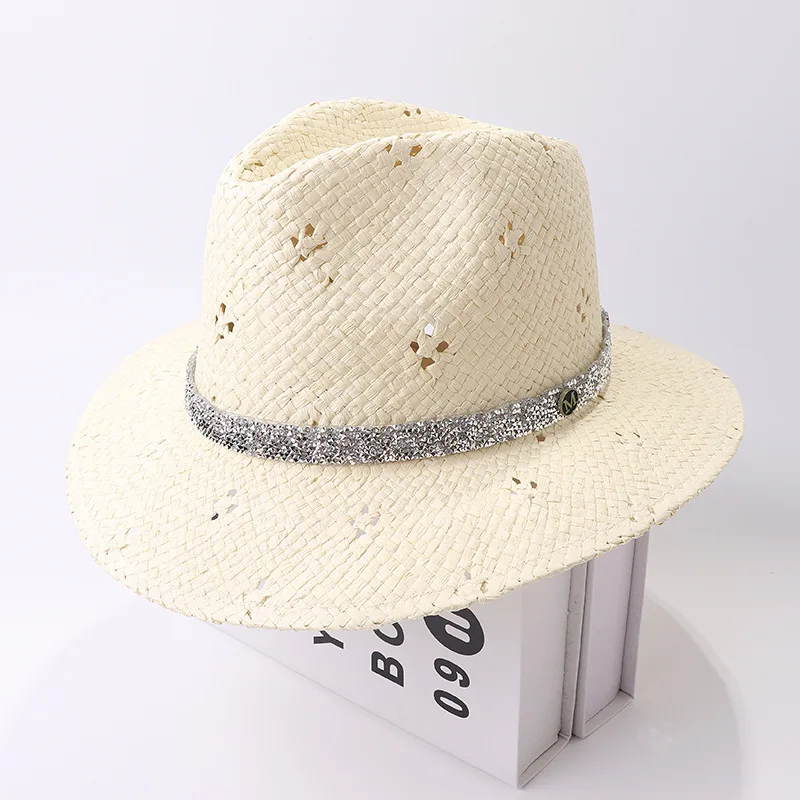 Wide Brim Sun Hats Carving Flower Pattern Panama Hat Ivory Crystal Band Men Hat Summer Women Hat Vacation Derby Beach Hat