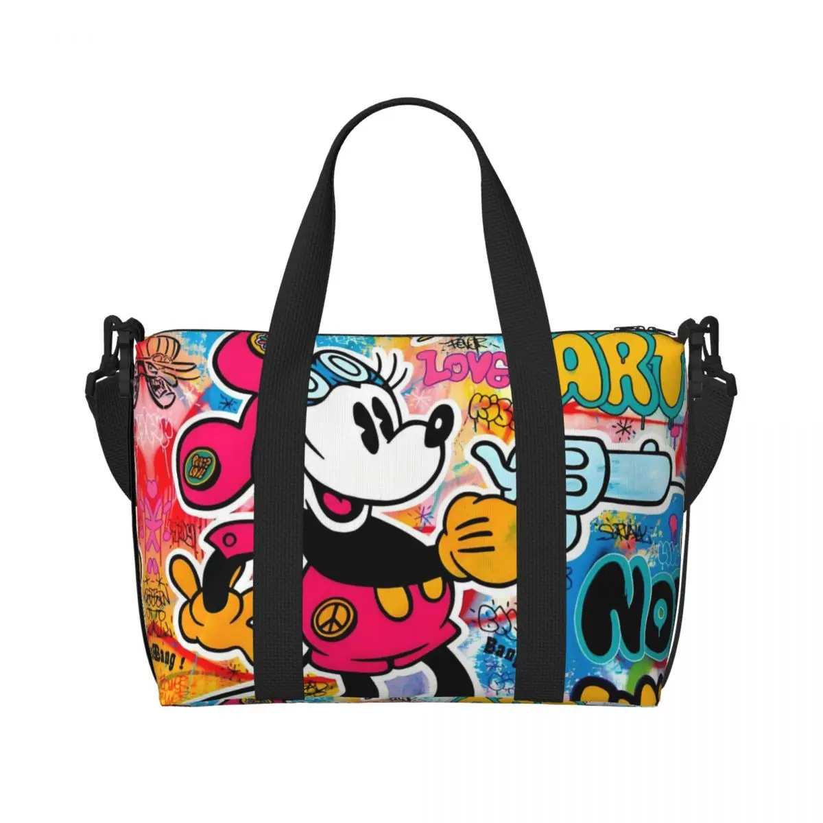 Custom Graffiti Mickey Mouse Beach Tote Bag for Women Classic Cartoon Movie Big Compartment Gym Beach Travel Bags