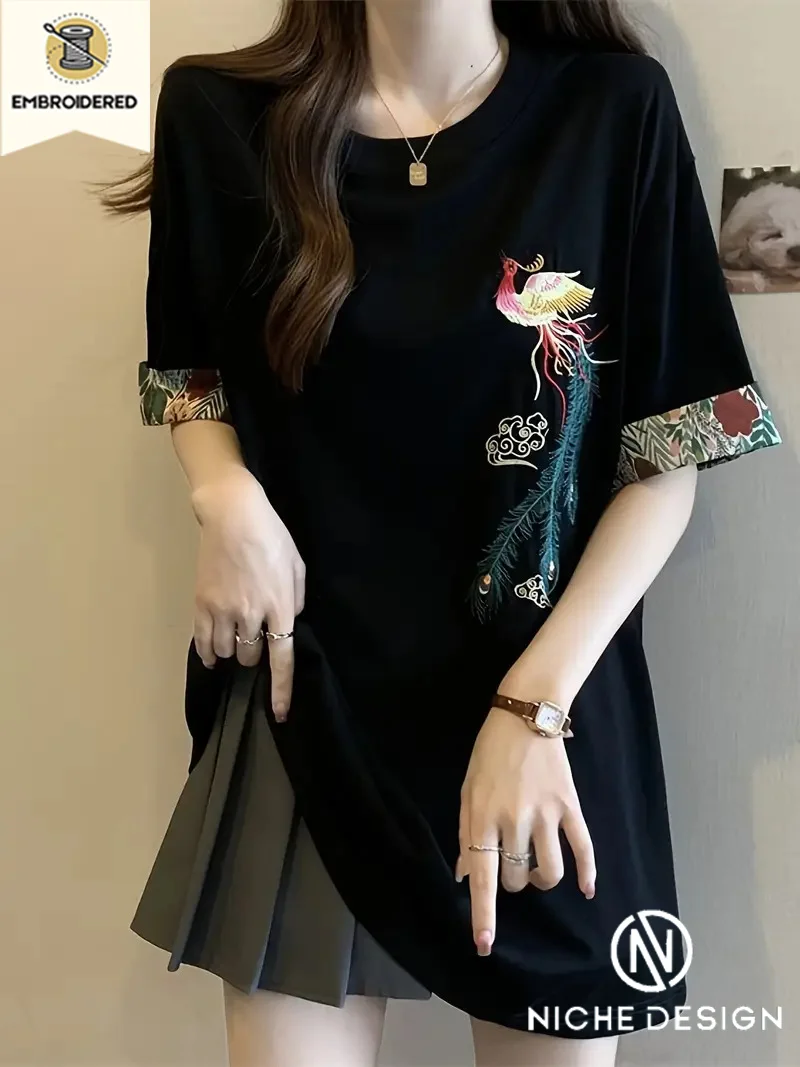 

Women's Chinese Vintage Embroidered T-Shirt,Floral & Bird, Loose Fit Round Neck Summer Top for Casua,Non-transparent Breathable