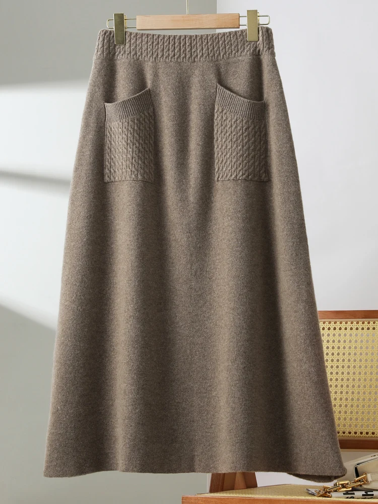 

Autumn Winter Women 100% Merino Wool Skirts Twist Flower Pockets Cashmere Knitted Elastic Waist Comfortable Vintage Casual Dress