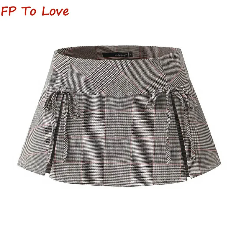 

Y2K American Retro Sexy Low Waist Half Skirt Design Tie Spice Girls Plaid A-Line Pleated Superskirt