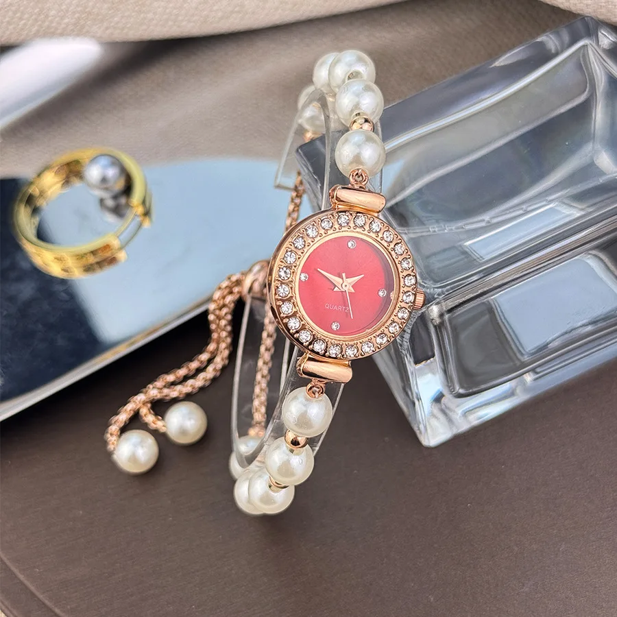 Elegant Women's Adjustable Rose Golden-Tone Alloy Bracelet Watch with White & Accents, Quartz Movement, for Casual Attire