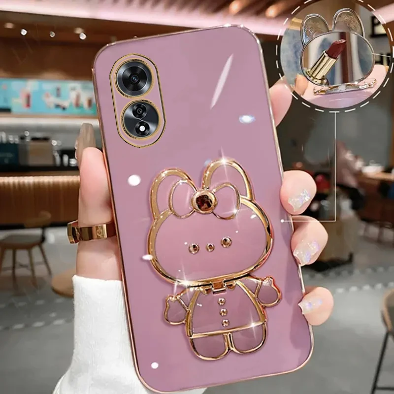 Makeup Mirror Cute Rabbit Phone Holder Case On For Oppo A60 OppoA60 A 60 Girl Woman Used Back Cover