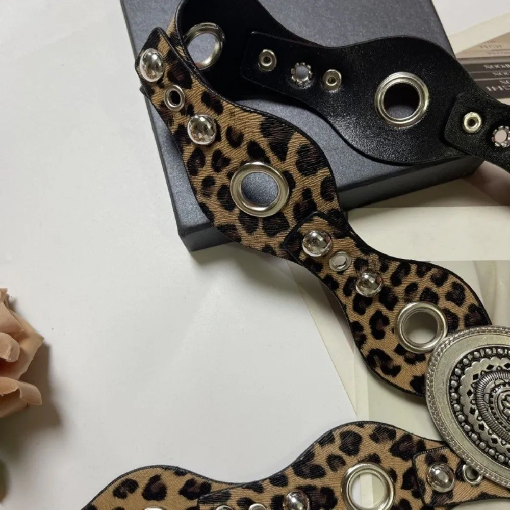 패셔너블 빈티지 여성용 리벳 벨트 레오파드 Y2K 가죽 허리띠 하라주쿠 고딕 드레스 청바지 벨트 허리 액세서리