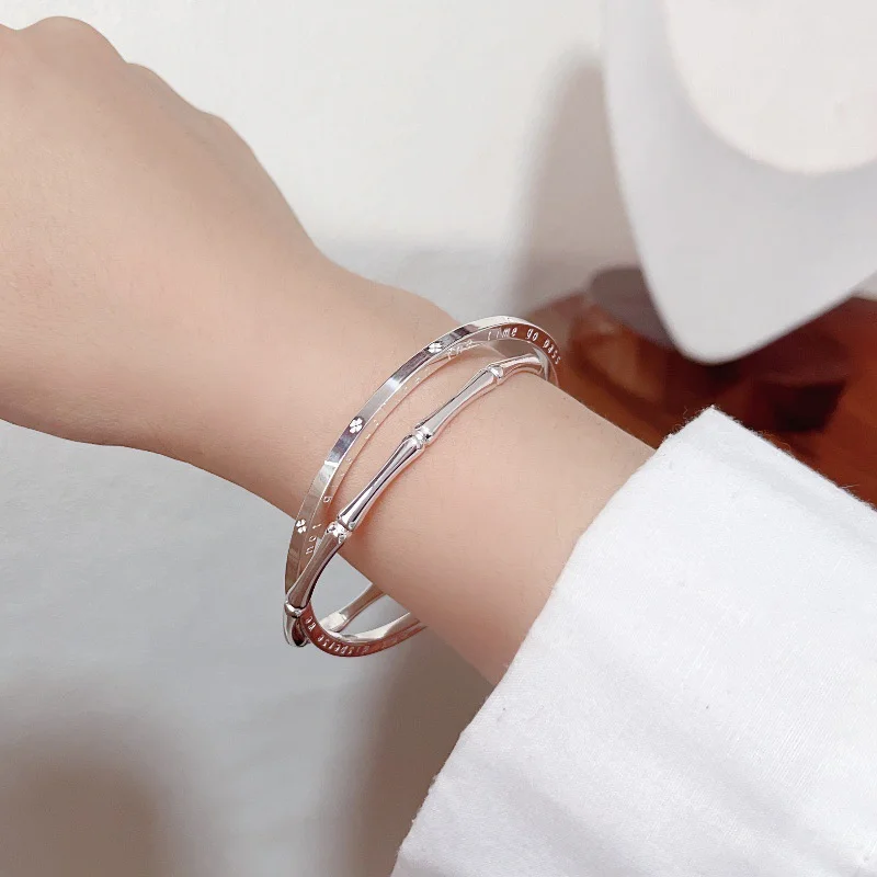 Female 999 Sterling Silver Double‑Loop Bamboo Bangle Lucky Clover Engraved Slim Wrist Bangle Romantic Valentine Jewelry Gift