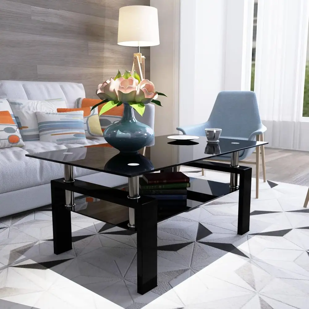 

RecGlass Top Coee Table, Two-Tier Black Tea Table, ern Center Table or Living Room, Black 4, 23.62 in x 39.37 in x 17.7 in